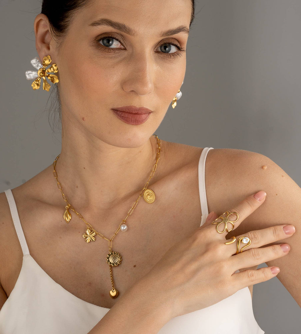Anel flor vazada aço inoxidável design aéreo ajustável