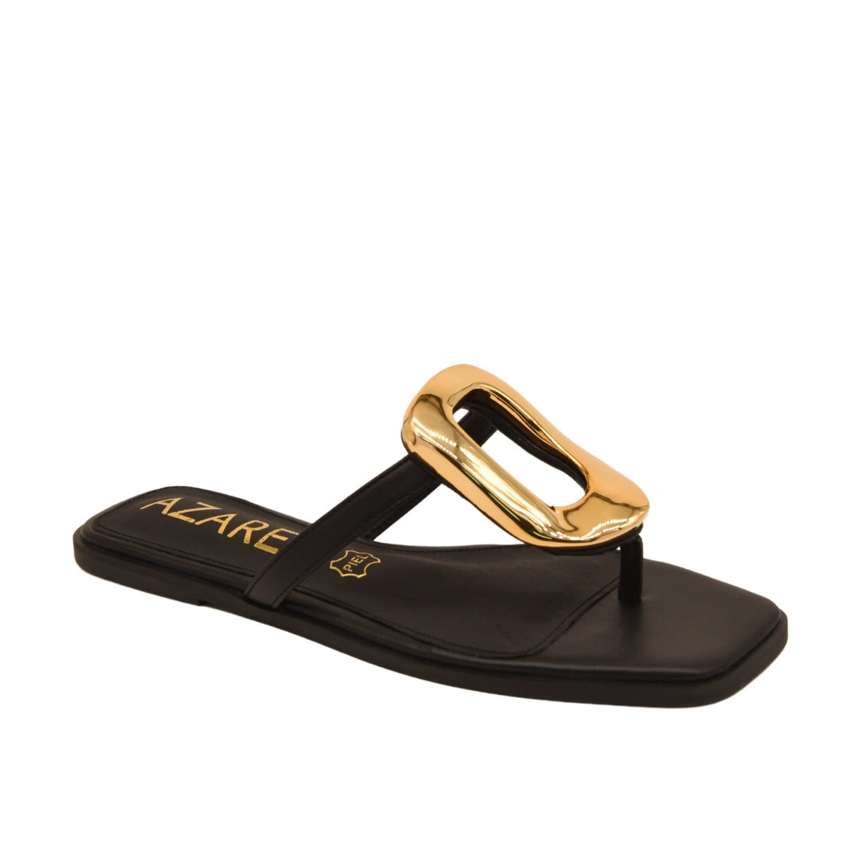 Sandália rasa com detalhe metálico dourado
