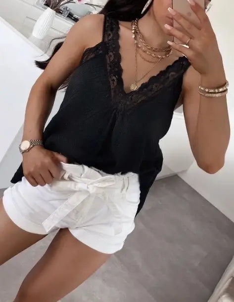 Regata de gaze de algodão com gola de renda