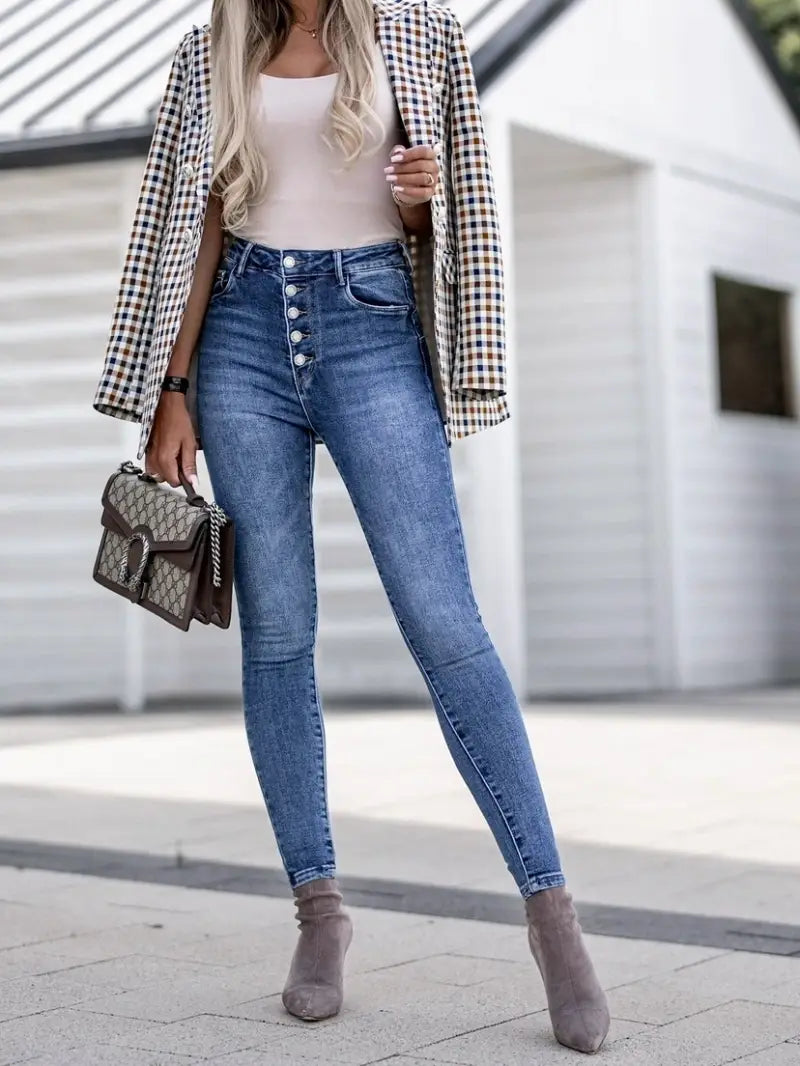 Calça jeans skinny push-up cintura alta